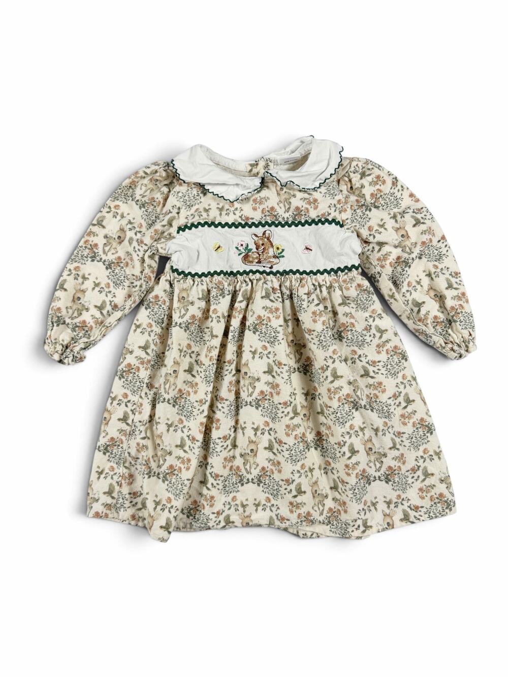 Woodland Deer Floral Cotton Peter Pan Collar Dress Cream 3-4 Years